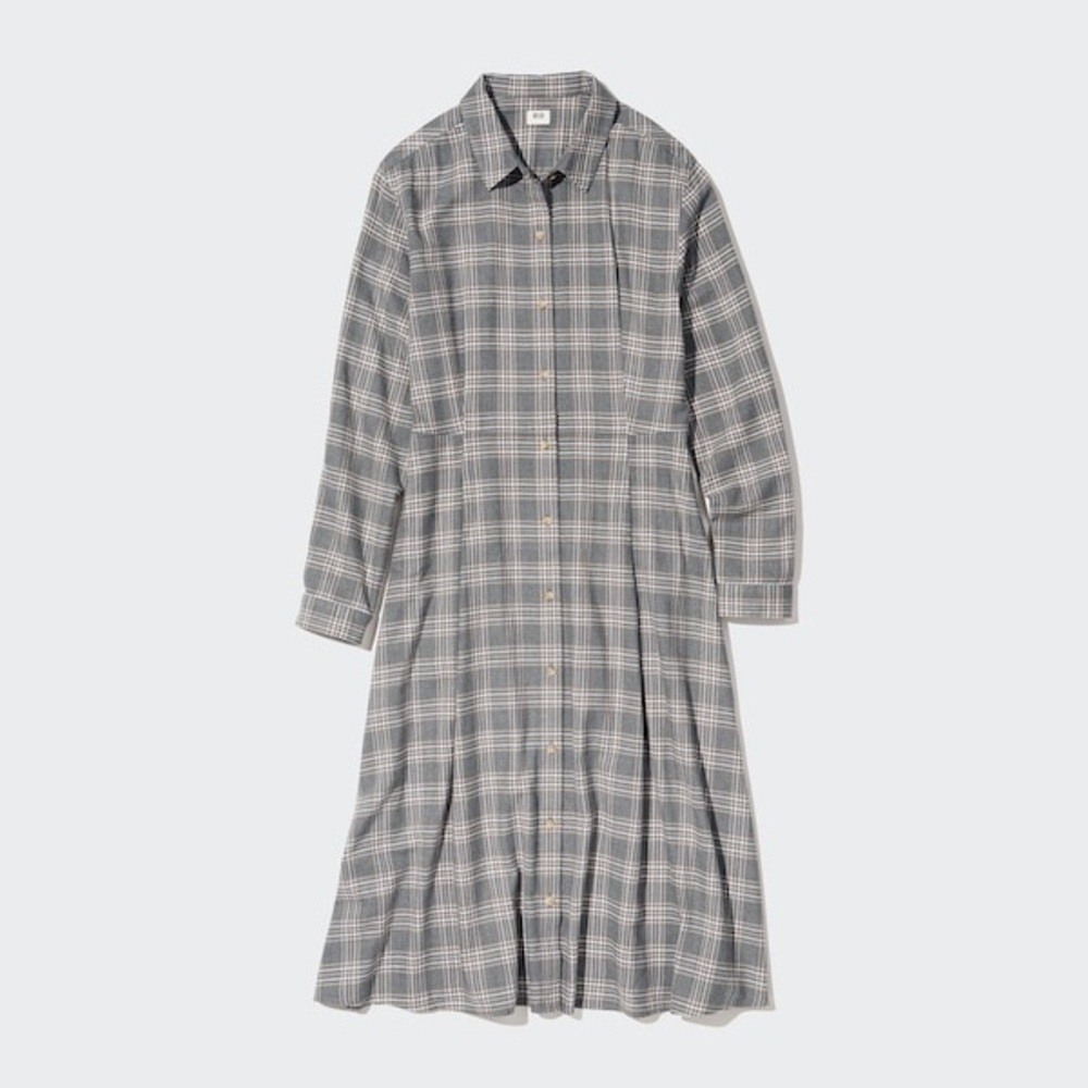 Uniqlo Gray Plaid Long-Sleeve Shirt Dress